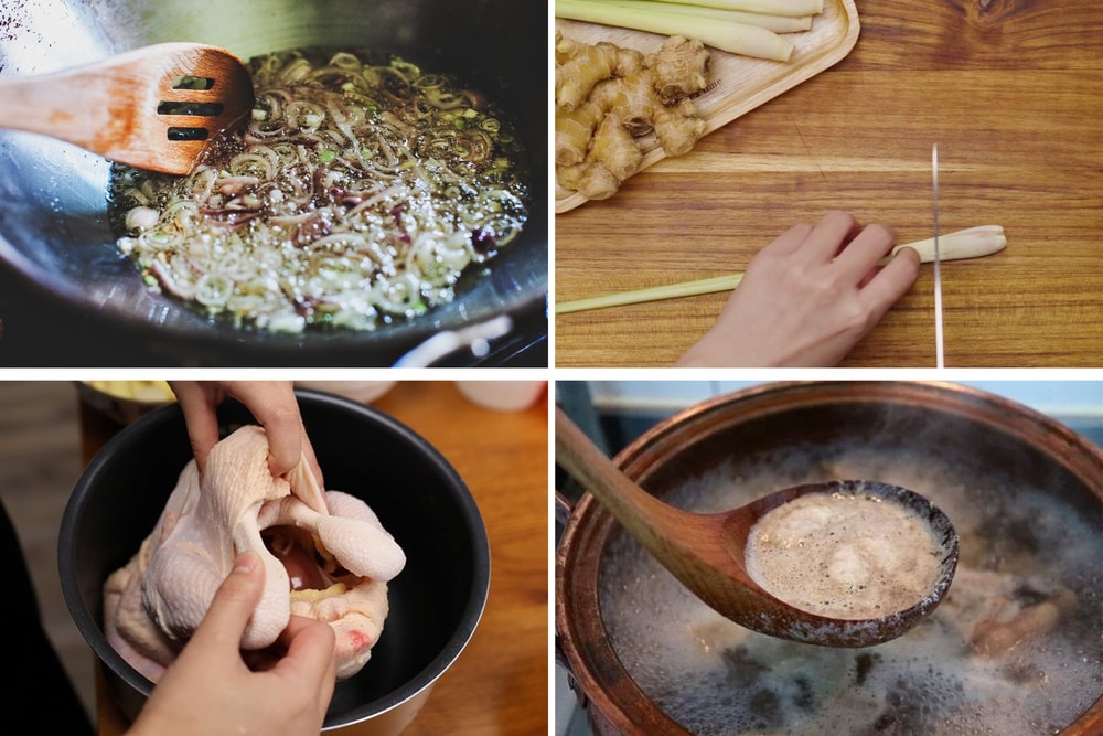 Gà chặt miếng vừa ăn sẽ được nấu chín mềm trong nước lẩu đậm đà